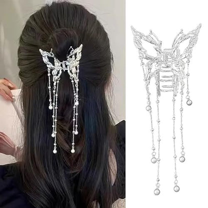 Hollow Butterfly Hair Clips with Tassel - Silver Metal Crystal Pearl Butterfly Hair Barrettes, Sparkling Fluttering Chain Tassel Nonslip Claw Hair Accessories for Women Avelisse