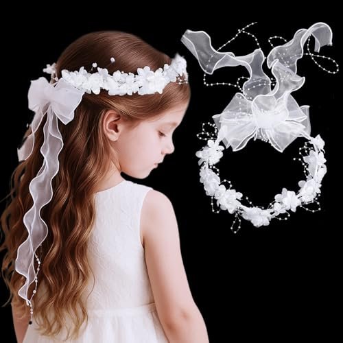 GEEHUA First Communion Headbands for Girls - White Flower Headband Veil with Pearls, Floral Bridal Crown & Bow Wedding Veils Hair Wreath Accessories Avelisse