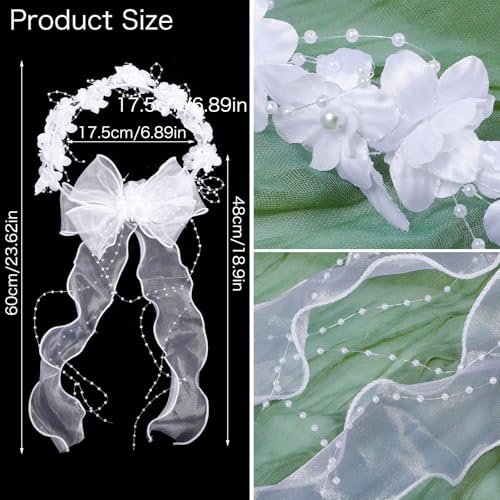 GEEHUA First Communion Headbands for Girls - White Flower Headband Veil with Pearls, Floral Bridal Crown & Bow Wedding Veils Hair Wreath Accessories Avelisse