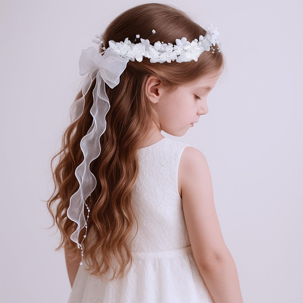 GEEHUA First Communion Headbands for Girls - White Flower Headband Veil with Pearls, Floral Bridal Crown & Bow Wedding Veils Hair Wreath Accessories Avelisse