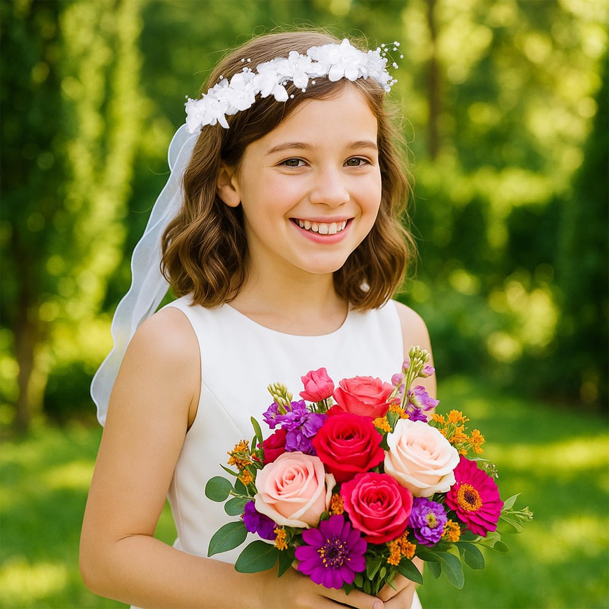 GEEHUA First Communion Headbands for Girls - White Flower Headband Veil with Pearls, Floral Bridal Crown & Bow Wedding Veils Hair Wreath Accessories Avelisse
