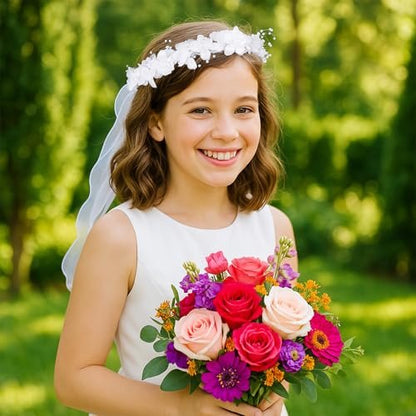 GEEHUA First Communion Headbands for Girls - White Flower Headband Veil with Pearls, Floral Bridal Crown & Bow Wedding Veils Hair Wreath Accessories Avelisse