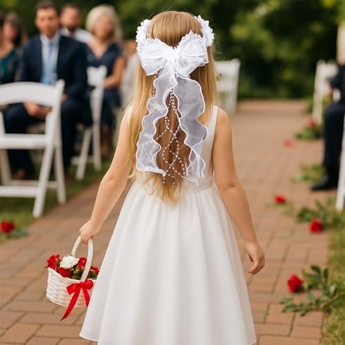 GEEHUA First Communion Headbands for Girls - White Flower Headband Veil with Pearls, Floral Bridal Crown & Bow Wedding Veils Hair Wreath Accessories Avelisse