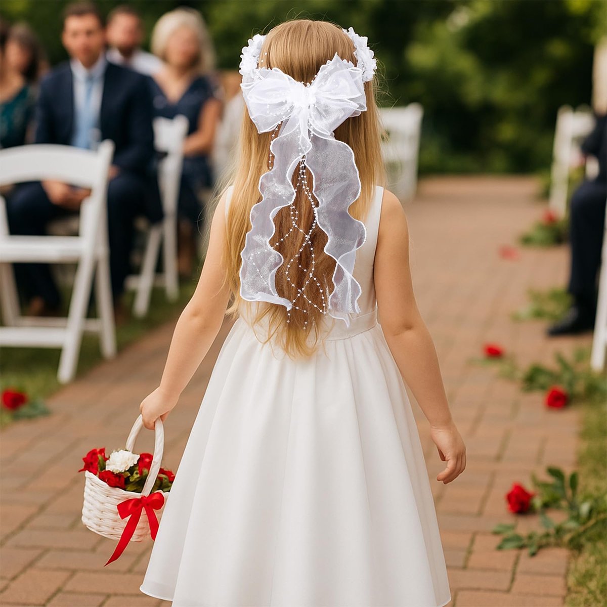 GEEHUA First Communion Headbands for Girls - White Flower Headband Veil with Pearls, Floral Bridal Crown & Bow Wedding Veils Hair Wreath Accessories Avelisse