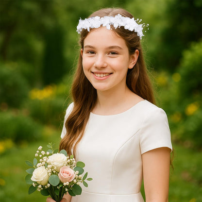 GEEHUA First Communion Headbands for Girls - White Flower Headband Veil with Pearls, Floral Bridal Crown & Bow Wedding Veils Hair Wreath Accessories Avelisse