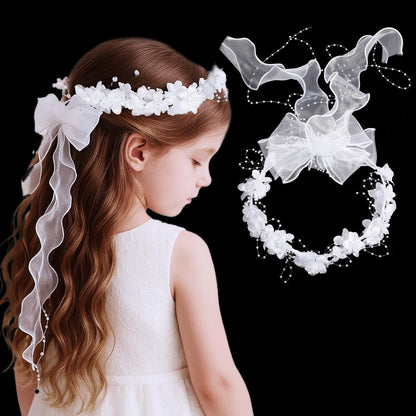 GEEHUA First Communion Headbands for Girls - White Flower Headband Veil with Pearls, Floral Bridal Crown & Bow Wedding Veils Hair Wreath Accessories Avelisse