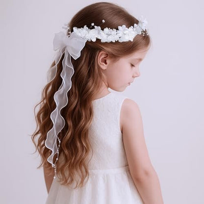 GEEHUA First Communion Headbands for Girls - White Flower Headband Veil with Pearls, Floral Bridal Crown & Bow Wedding Veils Hair Wreath Accessories Avelisse