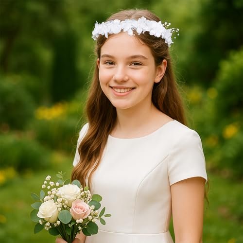 GEEHUA First Communion Headbands for Girls - White Flower Headband Veil with Pearls, Floral Bridal Crown & Bow Wedding Veils Hair Wreath Accessories Avelisse