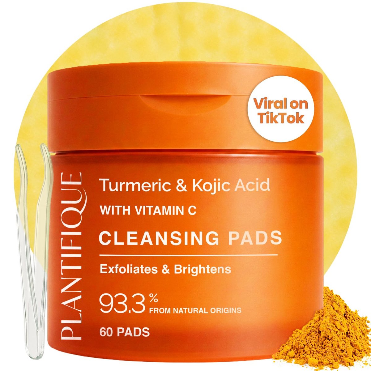 PLANTIFIQUE Kojic Acid and Turmeric Pads for Dark Spots – Lab Tested – 60 Face Cleansing Pads with Ceramides, Niacinamide & Vitamin C Avelisse