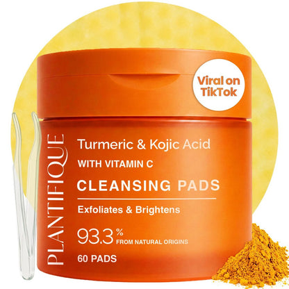PLANTIFIQUE Kojic Acid and Turmeric Pads for Dark Spots – Lab Tested – 60 Face Cleansing Pads with Ceramides, Niacinamide & Vitamin C Avelisse
