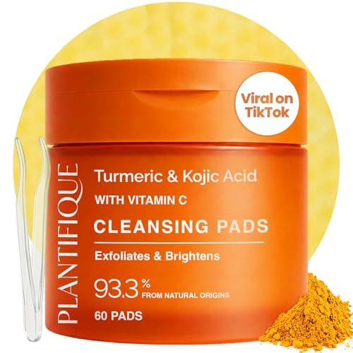 PLANTIFIQUE Kojic Acid and Turmeric Pads for Dark Spots – Lab Tested – 60 Face Cleansing Pads with Ceramides, Niacinamide & Vitamin C Avelisse