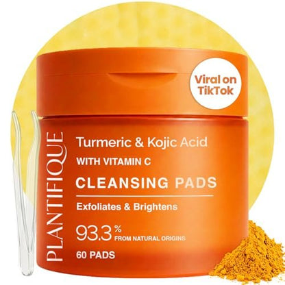 PLANTIFIQUE Kojic Acid and Turmeric Pads for Dark Spots – Lab Tested – 60 Face Cleansing Pads with Ceramides, Niacinamide & Vitamin C Avelisse
