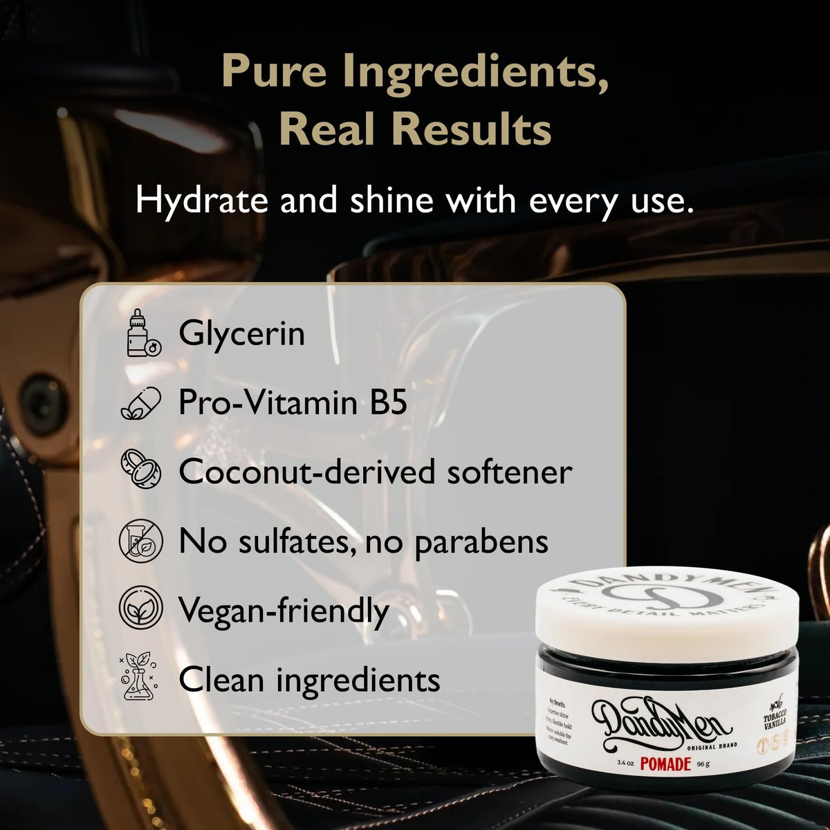 DandyMen Pomade – Strong Hold, High Shine, Hydrating Formula with Pro-Vitamin B5 – Tobacco Vanilla Scent – 4 oz Avelisse