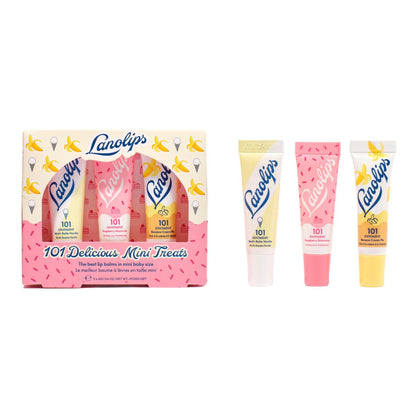 Lanolips 101 Delicious Mini Treats Gift Set - Limited Edition Lanolin Lip Balm Trio in Vanilla, Raspberry Shortcake & Banana Cream Pie Avelisse