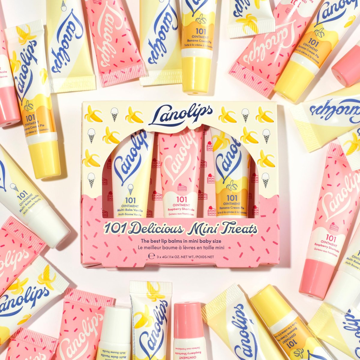 Lanolips 101 Delicious Mini Treats Gift Set - Limited Edition Lanolin Lip Balm Trio in Vanilla, Raspberry Shortcake & Banana Cream Pie Avelisse
