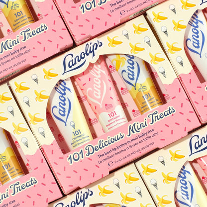 Lanolips 101 Delicious Mini Treats Gift Set - Limited Edition Lanolin Lip Balm Trio in Vanilla, Raspberry Shortcake & Banana Cream Pie Avelisse