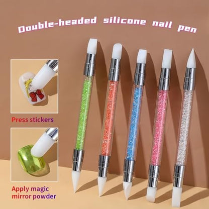 5-Piece Dual-Tipped Silicone Nail Art Pens Set - Professional 2-Way Dotting Tools for Resin, Foil, Carving & Drawing - Home & Salon Nail Design Kit