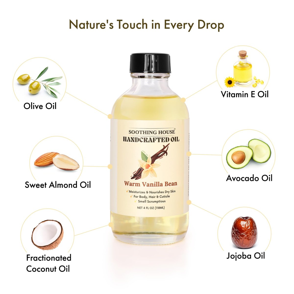 Soothing House Warm Vanilla Bean Body Oil - Moisturizing Body Oil with Almond & Jojoba Oil for Soft, Glowing Skin (4 fl oz) - görsel 13