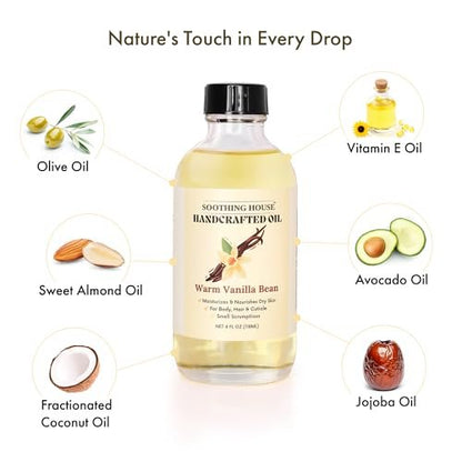 Soothing House Warm Vanilla Bean Body Oil - Moisturizing Body Oil with Almond & Jojoba Oil for Soft, Glowing Skin (4 fl oz)