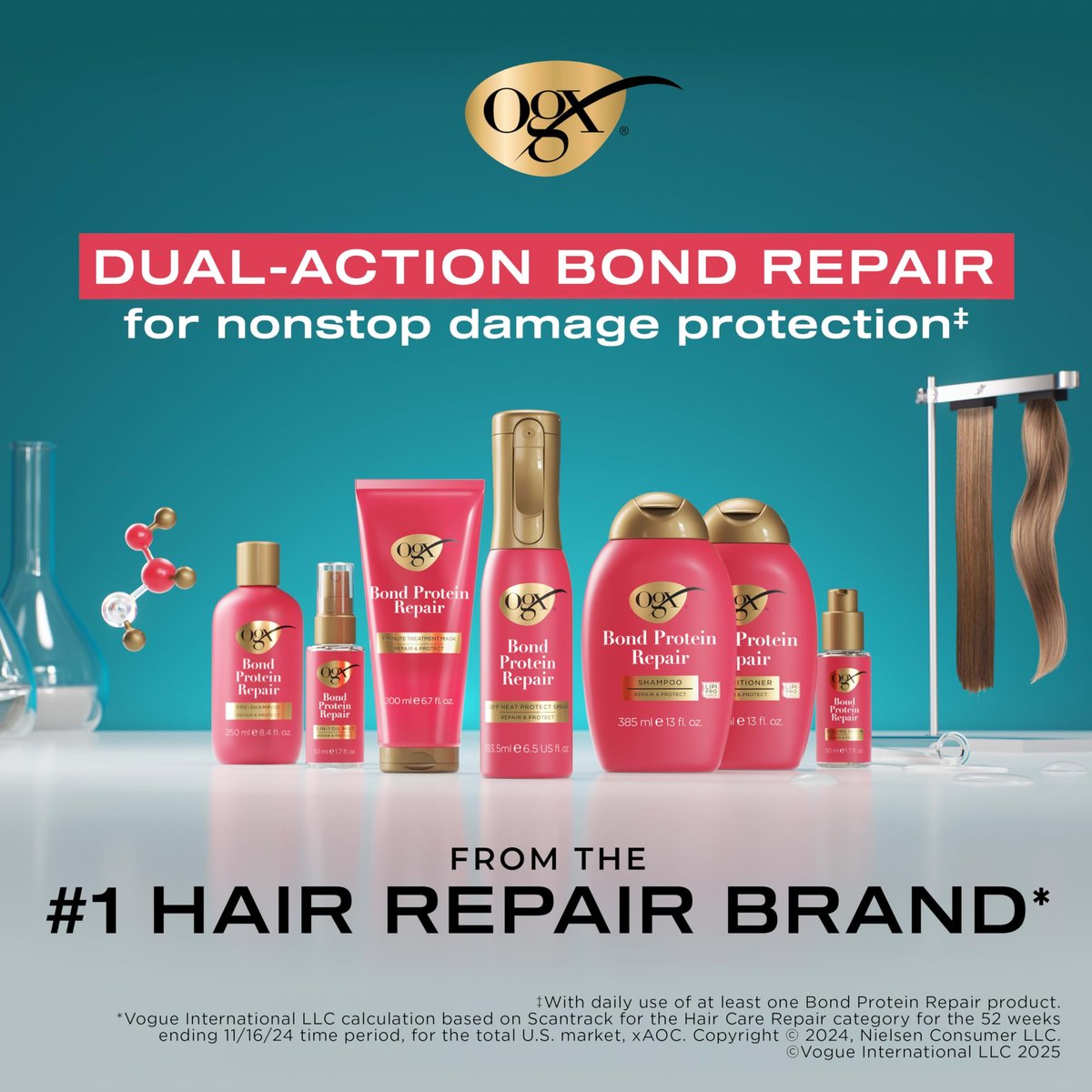 OGX Repair & Protect Bond Protein Repair Haircare Set - Lightweight Shampoo, Conditioner & 450°F Heat Protect Spray for Damaged Hair, 3 Items Avelisse