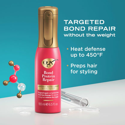 OGX Repair & Protect Bond Protein Repair Haircare Set - Lightweight Shampoo, Conditioner & 450°F Heat Protect Spray for Damaged Hair, 3 Items Avelisse