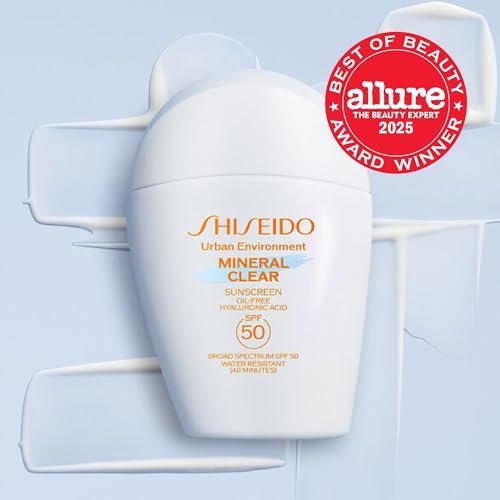 Shiseido Urban Environment Mineral Clear Sunscreen SPF 50 - Visibly Improves Skin Tone, Radiance, Wrinkles & Firmness - Water Resistant for 40 Minutes - Non-Comedogenic - 1 fl oz Avelisse
