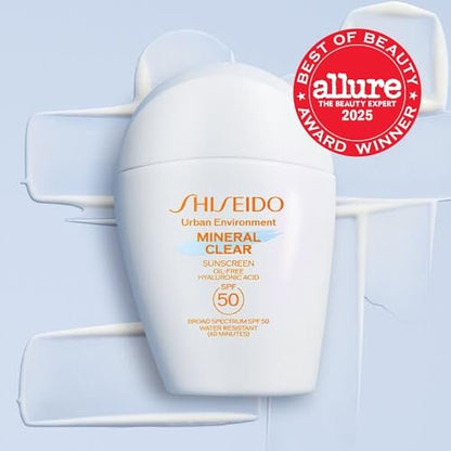 Shiseido Urban Environment Mineral Clear Sunscreen SPF 50 - Visibly Improves Skin Tone, Radiance, Wrinkles & Firmness - Water Resistant for 40 Minutes - Non-Comedogenic - 1 fl oz Avelisse