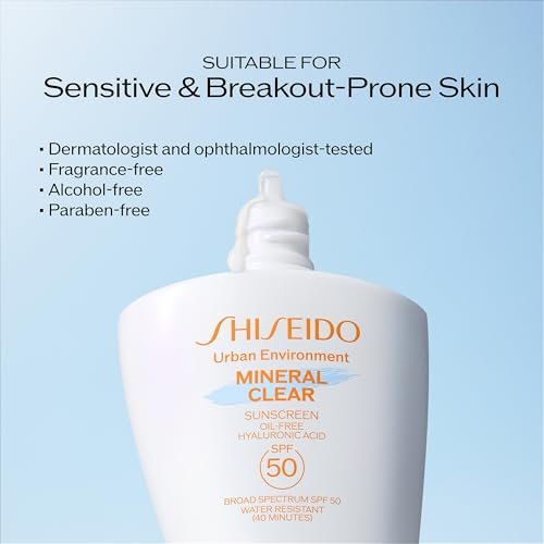 Shiseido Urban Environment Mineral Clear Sunscreen SPF 50 - Visibly Improves Skin Tone, Radiance, Wrinkles & Firmness - Water Resistant for 40 Minutes - Non-Comedogenic - 1 fl oz Avelisse
