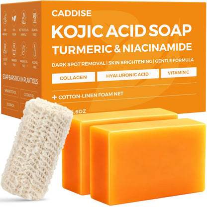 CADDISE Kojic Acid Turmeric Soap Bars – Dark Spot Remover & Skin Care, Handmade Face & Body Wash Bars with Niacinamide, Shea Butter, Tea Oil, Vitamin C (2 Pack, 8.5 Oz)