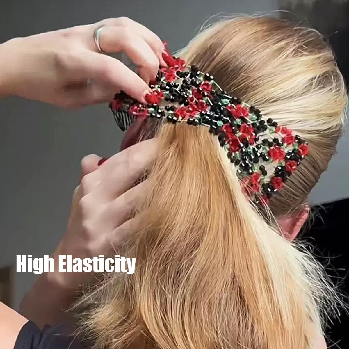 Qvunwlin 2 Pcs Stretchy Beaded Women Hair Combs - Multicolor Magic Bun Maker Elastic Hair Clips for Thick Hair - görsel 9
