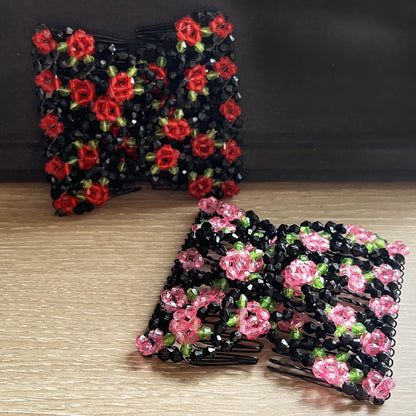 Qvunwlin 2 Pcs Stretchy Beaded Women Hair Combs - Multicolor Magic Bun Maker Elastic Hair Clips for Thick Hair