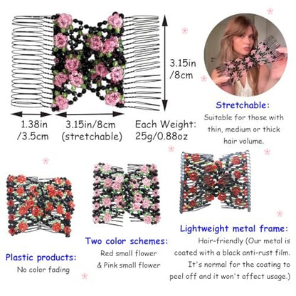 Qvunwlin 2 Pcs Stretchy Beaded Women Hair Combs - Multicolor Magic Bun Maker Elastic Hair Clips for Thick Hair