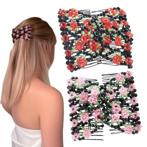 Qvunwlin 2 Pcs Stretchy Beaded Women Hair Combs - Multicolor Magic Bun Maker Elastic Hair Clips for Thick Hair - görsel 2