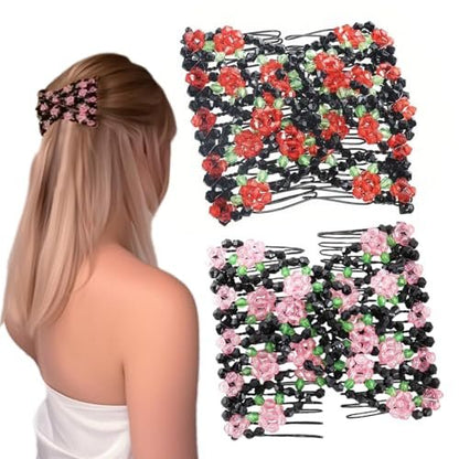 Qvunwlin 2 Pcs Stretchy Beaded Women Hair Combs - Multicolor Magic Bun Maker Elastic Hair Clips for Thick Hair