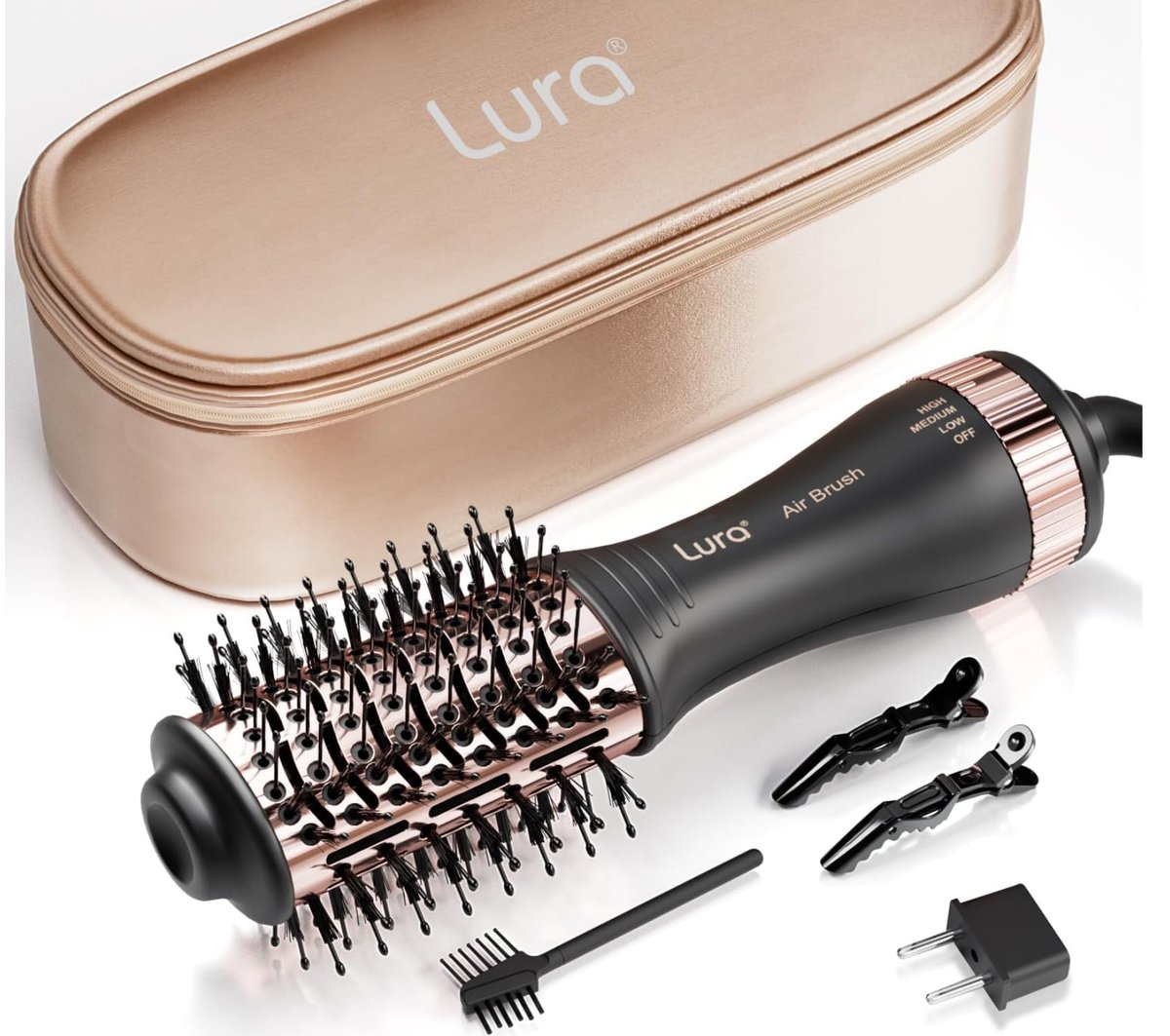 LURA Automatic Dual Voltage Hair Dryer Brush with European Plug - Travel Hair Blow Dryer Brush with Travel Bag, Mini Hot Air Brush for Women and Kids (Black) Avelisse