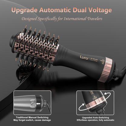 LURA Automatic Dual Voltage Hair Dryer Brush with European Plug - Travel Hair Blow Dryer Brush with Travel Bag, Mini Hot Air Brush for Women and Kids (Black) Avelisse