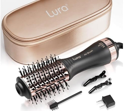 LURA Automatic Dual Voltage Hair Dryer Brush with European Plug - Travel Hair Blow Dryer Brush with Travel Bag, Mini Hot Air Brush for Women and Kids (Black) Avelisse
