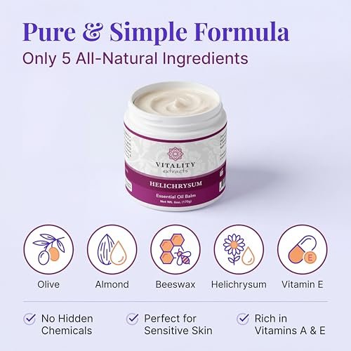 Vitality Extracts Helichrysum Balm - 6oz, Helichrysum Gymnocephalum, Beeswax, Almond Oil, Ultra-Moisturizing Skin Healing Full Body Hydration Avelisse