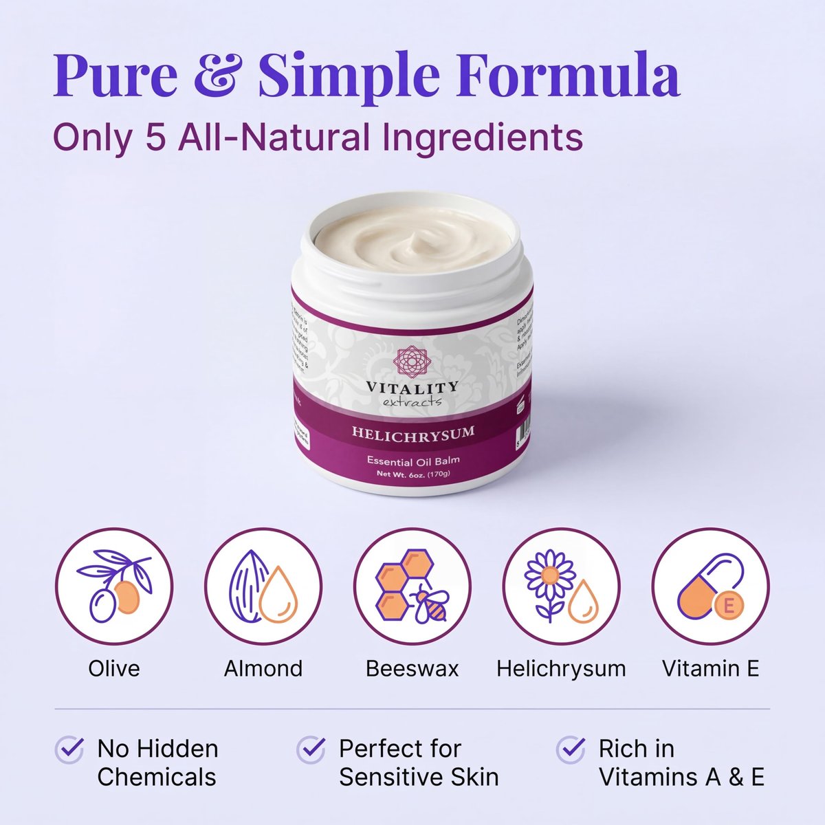 Vitality Extracts Helichrysum Balm - 6oz, Helichrysum Gymnocephalum, Beeswax, Almond Oil, Ultra-Moisturizing Skin Healing Full Body Hydration Avelisse