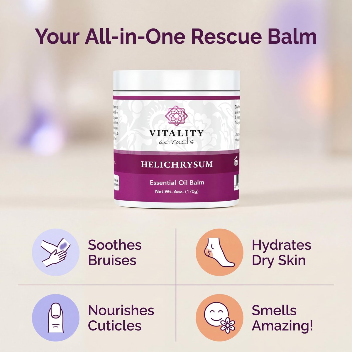 Vitality Extracts Helichrysum Balm - 6oz, Helichrysum Gymnocephalum, Beeswax, Almond Oil, Ultra-Moisturizing Skin Healing Full Body Hydration Avelisse