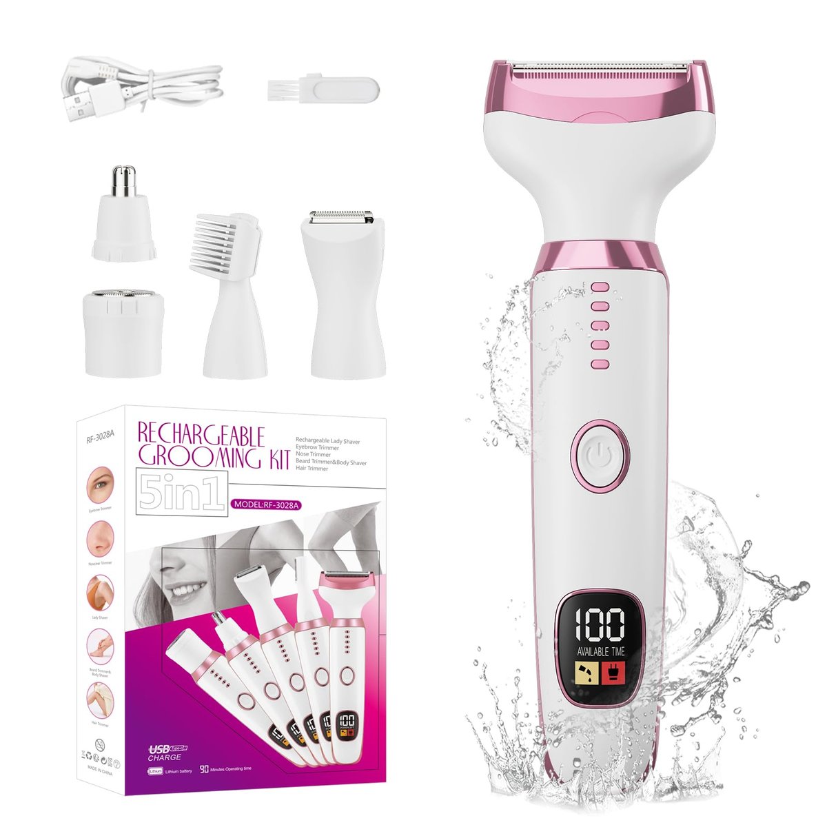 RUIM 5-in-1 Women's Electric Shaver & Hair Trimmer Kit - Painless Cordless Wet/Dry Razor for Legs, Underarms, Bikini Line, Face & Body, Waterproof & USB Rechargeable Avelisse
