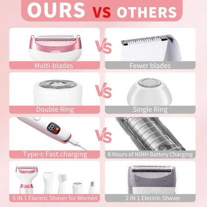 RUIM 5-in-1 Women's Electric Shaver & Hair Trimmer Kit - Painless Cordless Wet/Dry Razor for Legs, Underarms, Bikini Line, Face & Body, Waterproof & USB Rechargeable Avelisse