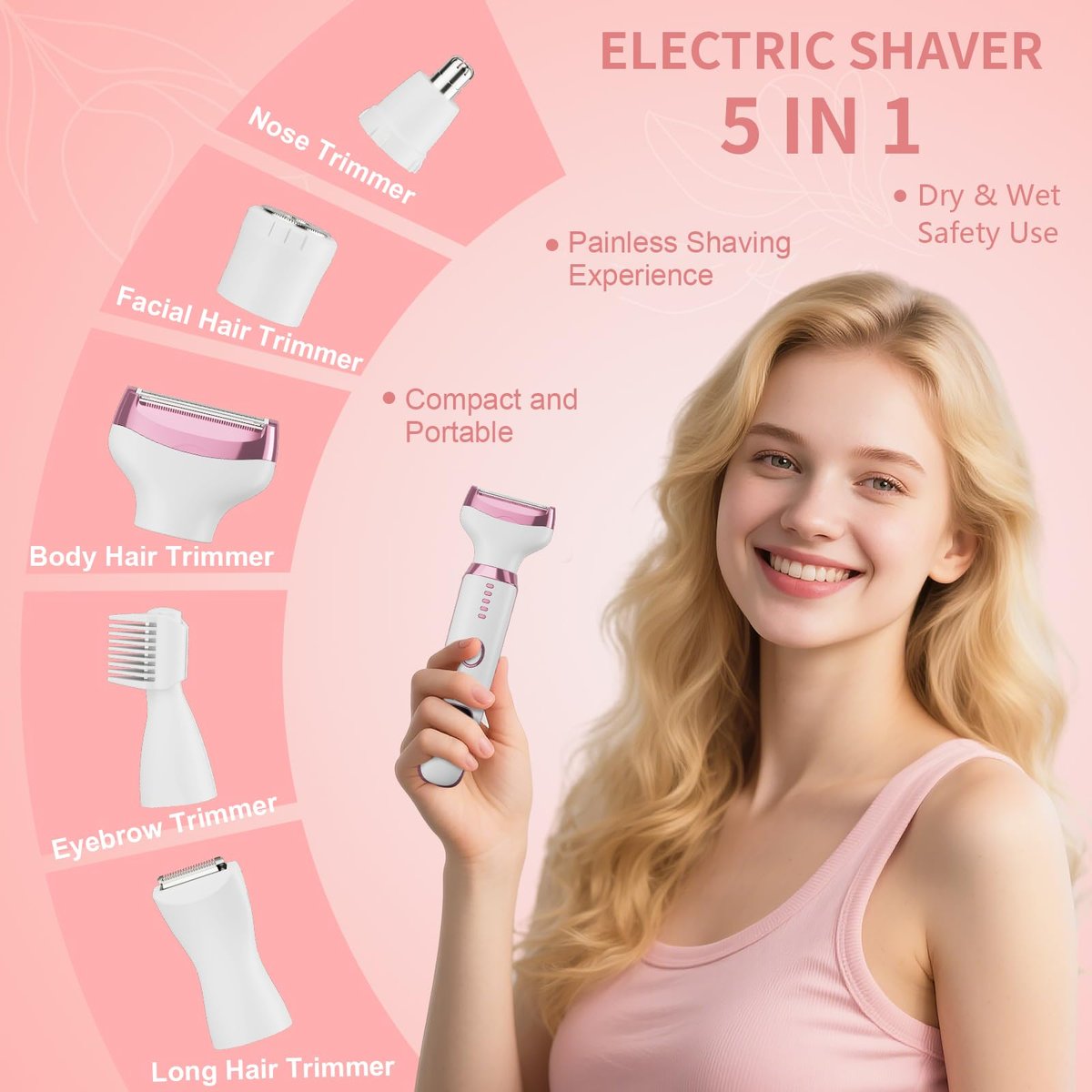 RUIM 5-in-1 Women's Electric Shaver & Hair Trimmer Kit - Painless Cordless Wet/Dry Razor for Legs, Underarms, Bikini Line, Face & Body, Waterproof & USB Rechargeable Avelisse