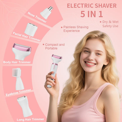 RUIM 5-in-1 Women's Electric Shaver & Hair Trimmer Kit - Painless Cordless Wet/Dry Razor for Legs, Underarms, Bikini Line, Face & Body, Waterproof & USB Rechargeable Avelisse
