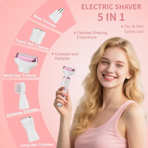 RUIM 5-in-1 Women's Electric Shaver & Hair Trimmer Kit - Painless Cordless Wet/Dry Razor for Legs, Underarms, Bikini Line, Face & Body, Waterproof & USB Rechargeable Avelisse