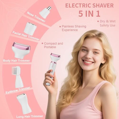 RUIM 5-in-1 Women's Electric Shaver & Hair Trimmer Kit - Painless Cordless Wet/Dry Razor for Legs, Underarms, Bikini Line, Face & Body, Waterproof & USB Rechargeable Avelisse