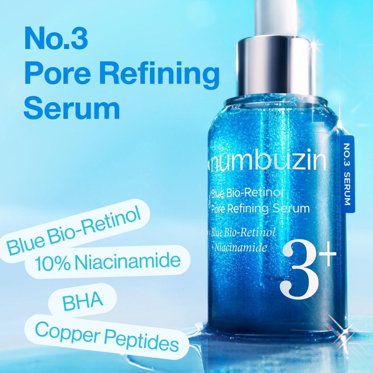 numbuzin No.3 Blue Bio-Retinol Pore Refining Serum – Retinol Beginner, Tightening, Firming, BHA, Niacinamide, Peptide – 1.01 fl oz (30ml) Avelisse