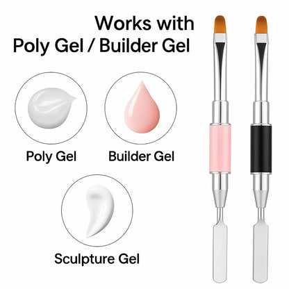 2-Piece Dual-Ended Nail Art Brush and Spatula Set - Pink & Black UV Gel Nail Tools for Poly Extension, Sculpture Gel - Manicure Design Kit for Salon & DIY Use