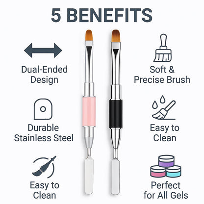 2-Piece Dual-Ended Nail Art Brush and Spatula Set - Pink & Black UV Gel Nail Tools for Poly Extension, Sculpture Gel - Manicure Design Kit for Salon & DIY Use