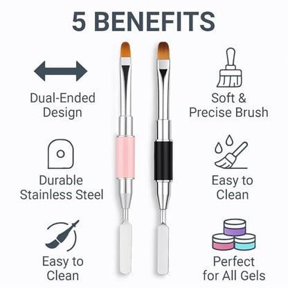 2-Piece Dual-Ended Nail Art Brush and Spatula Set - Pink & Black UV Gel Nail Tools for Poly Extension, Sculpture Gel - Manicure Design Kit for Salon & DIY Use